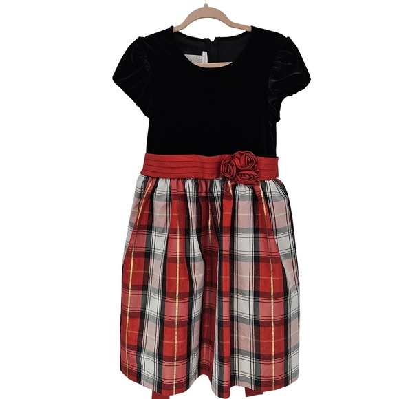 Bonnie Jean Dress Girls 16.5 Red Black Plaid Velvet Holiday Pictures Party - Picture 1 of 11